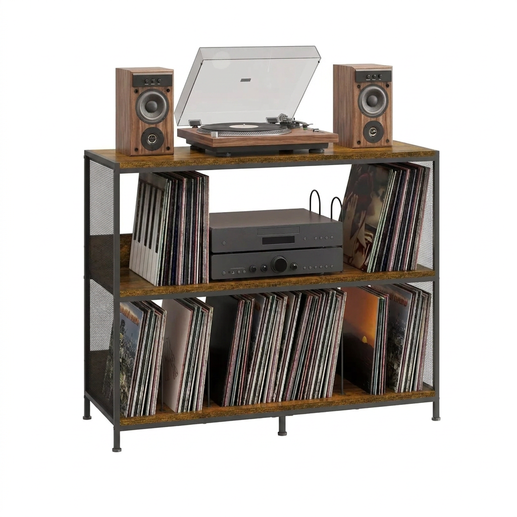 Meuble de rangement pour tourne-disque en fer et bois, noir