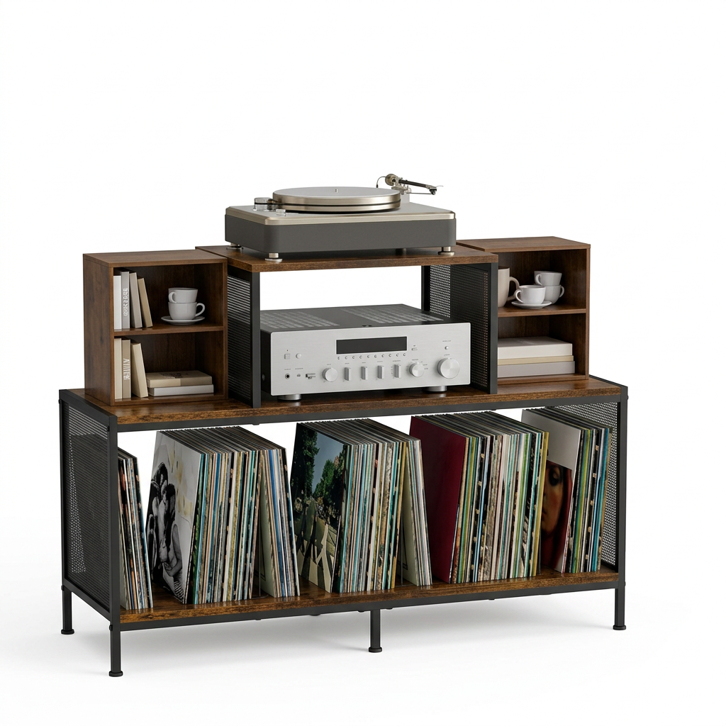 Table pour tourne-disque bilatérale avec grand rangement vinyles