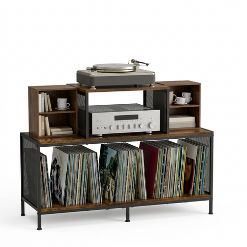 Table pour tourne-disque bilatérale avec grand rangement vinyles