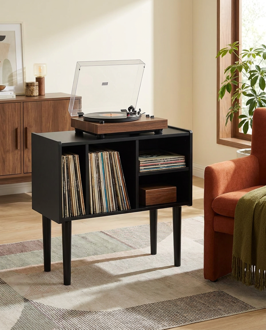 Meuble de rangement pour tourne-disque en MDF noir, 80x68x40cm