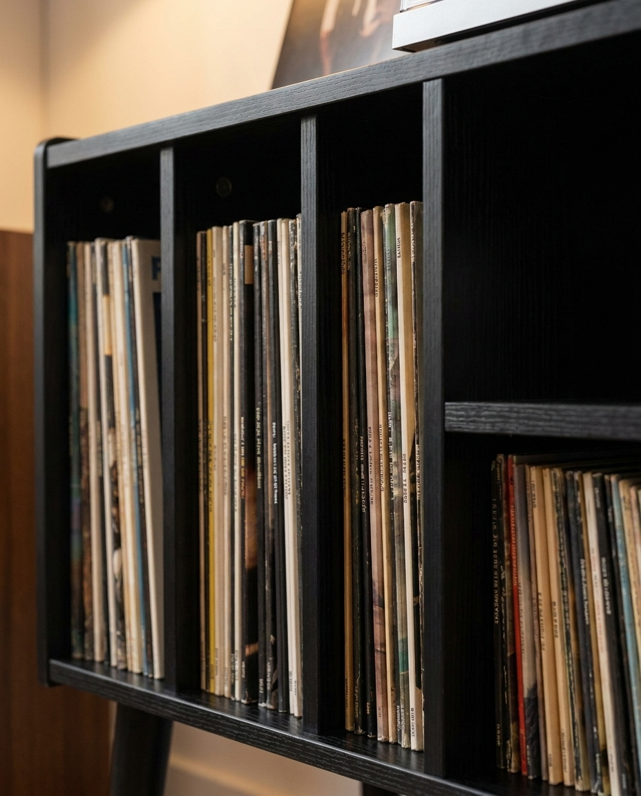 Meuble de rangement pour tourne-disque en MDF noir, 80x68x40cm