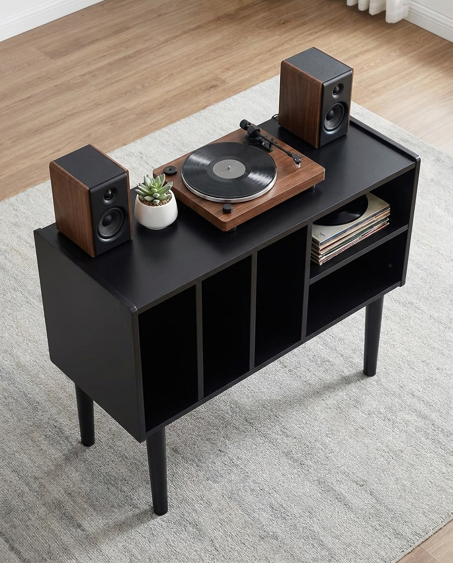 Meuble de rangement pour tourne-disque en MDF noir, 80x68x40cm