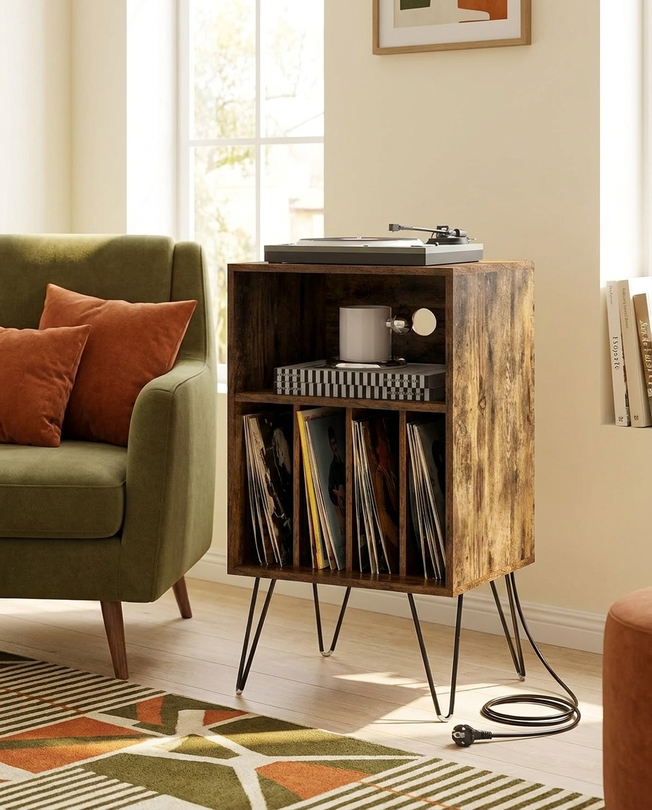 Support tourne-disque avec station de charge et 3 niveaux, brun