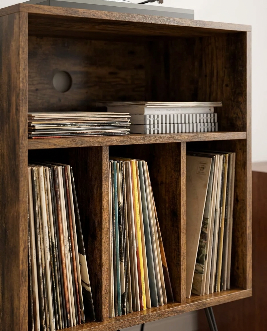 Support tourne-disque avec station de charge et 3 niveaux, brun
