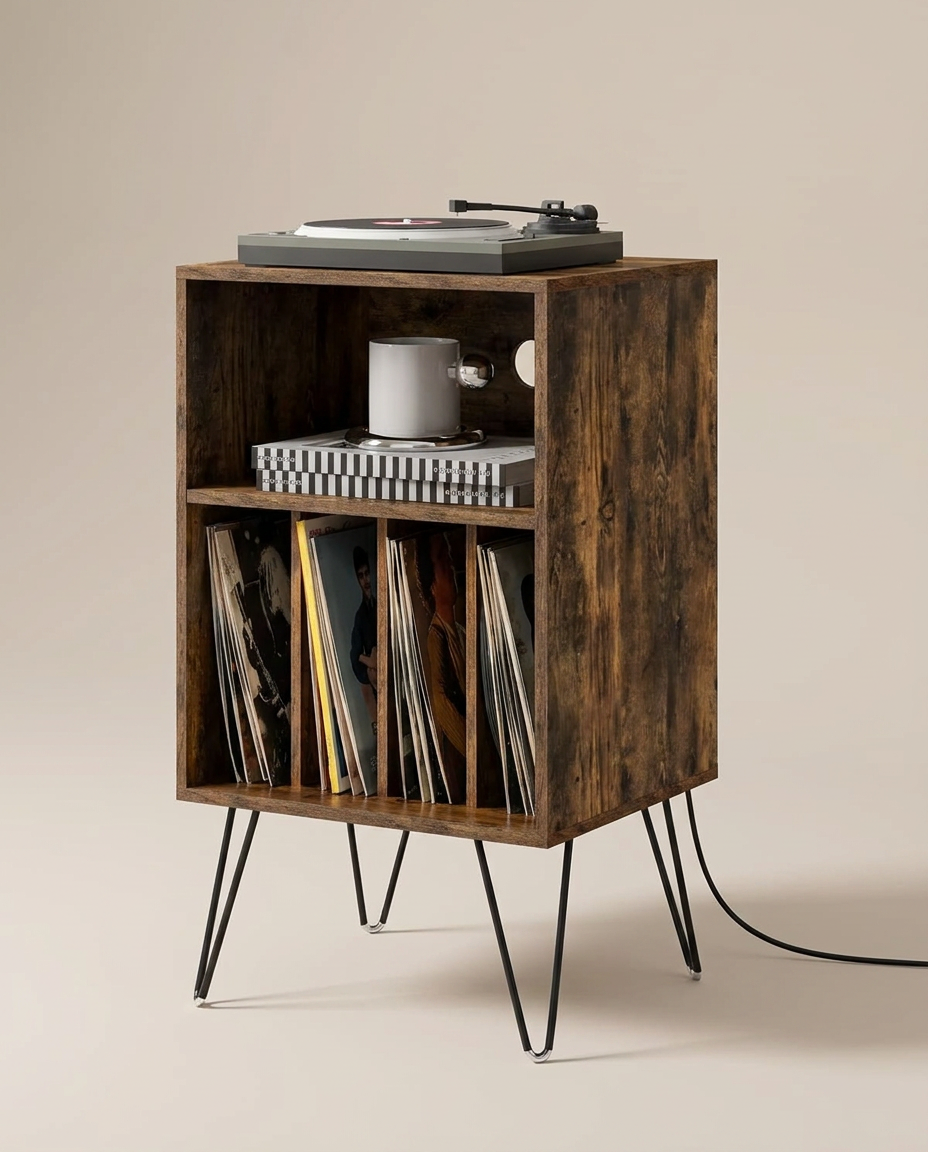 Support tourne-disque avec station de charge et 3 niveaux, brun