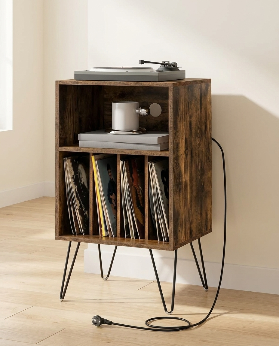 Support tourne-disque avec station de charge et 3 niveaux, brun