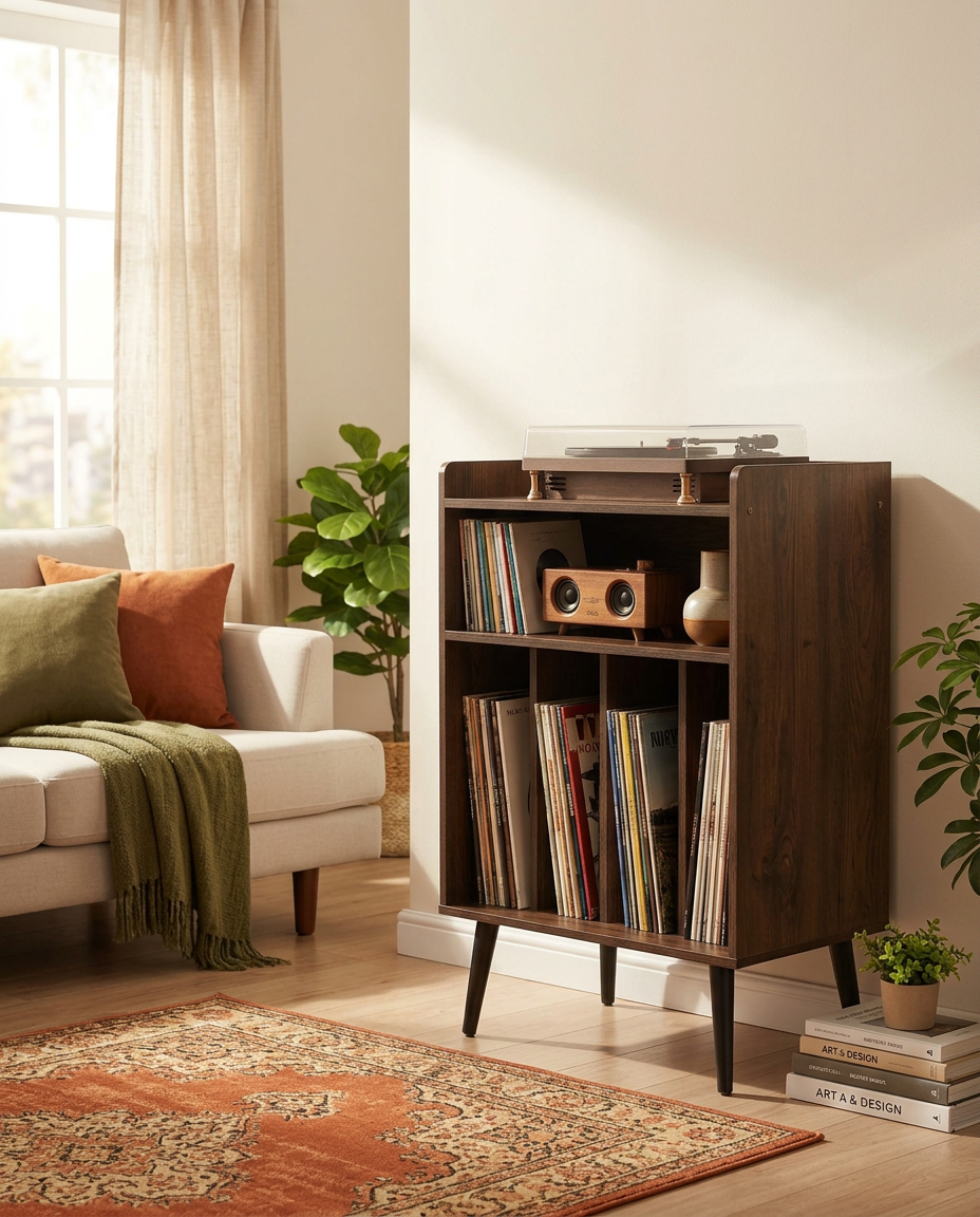 Support à disques vinyles 3 niveaux, jusqu'à 150 albums, bois naturel