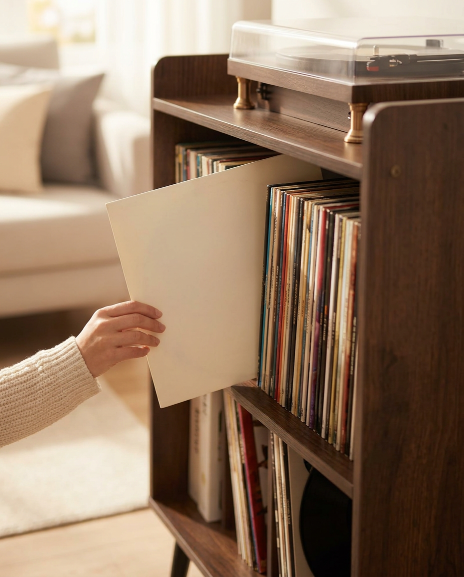 Support à disques vinyles 3 niveaux, jusqu'à 150 albums, bois naturel