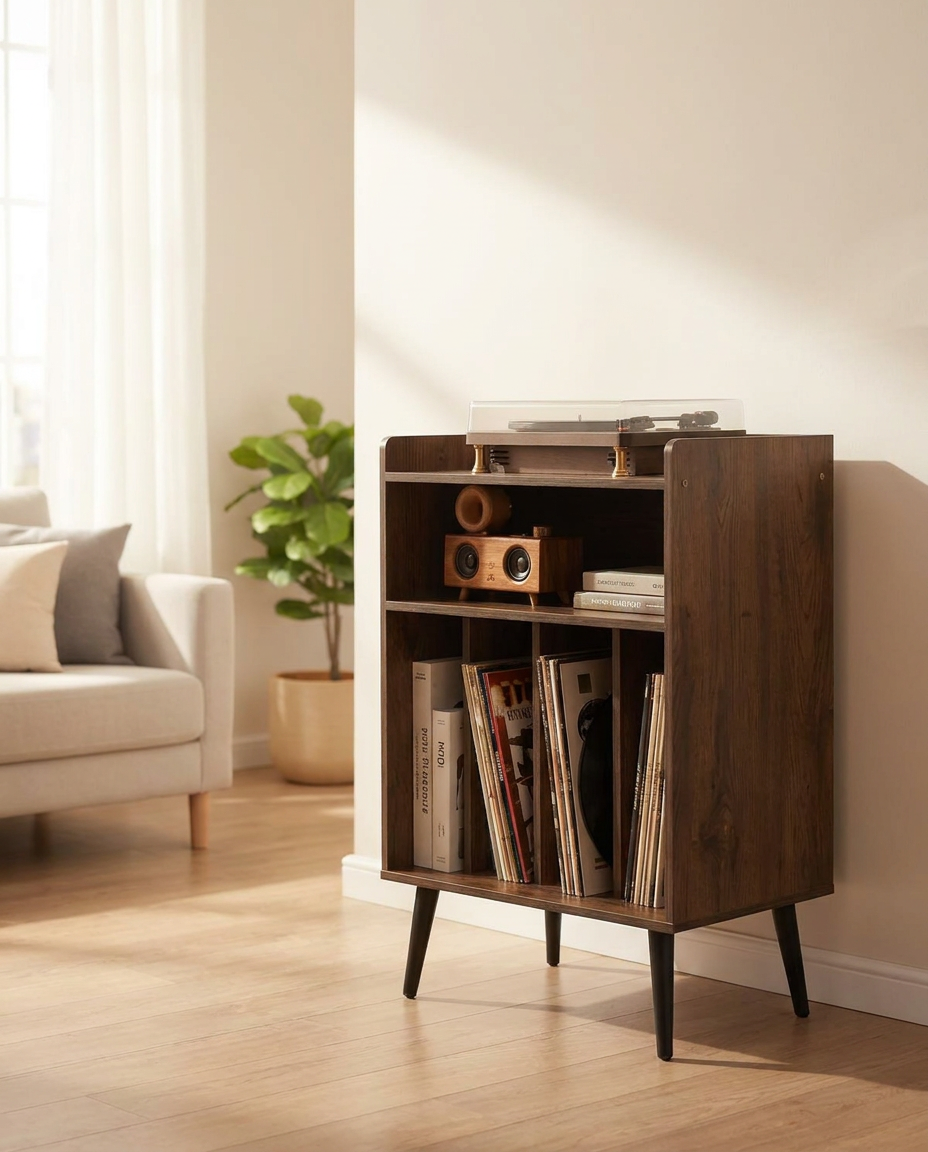 Support à disques vinyles 3 niveaux, jusqu'à 150 albums, bois naturel