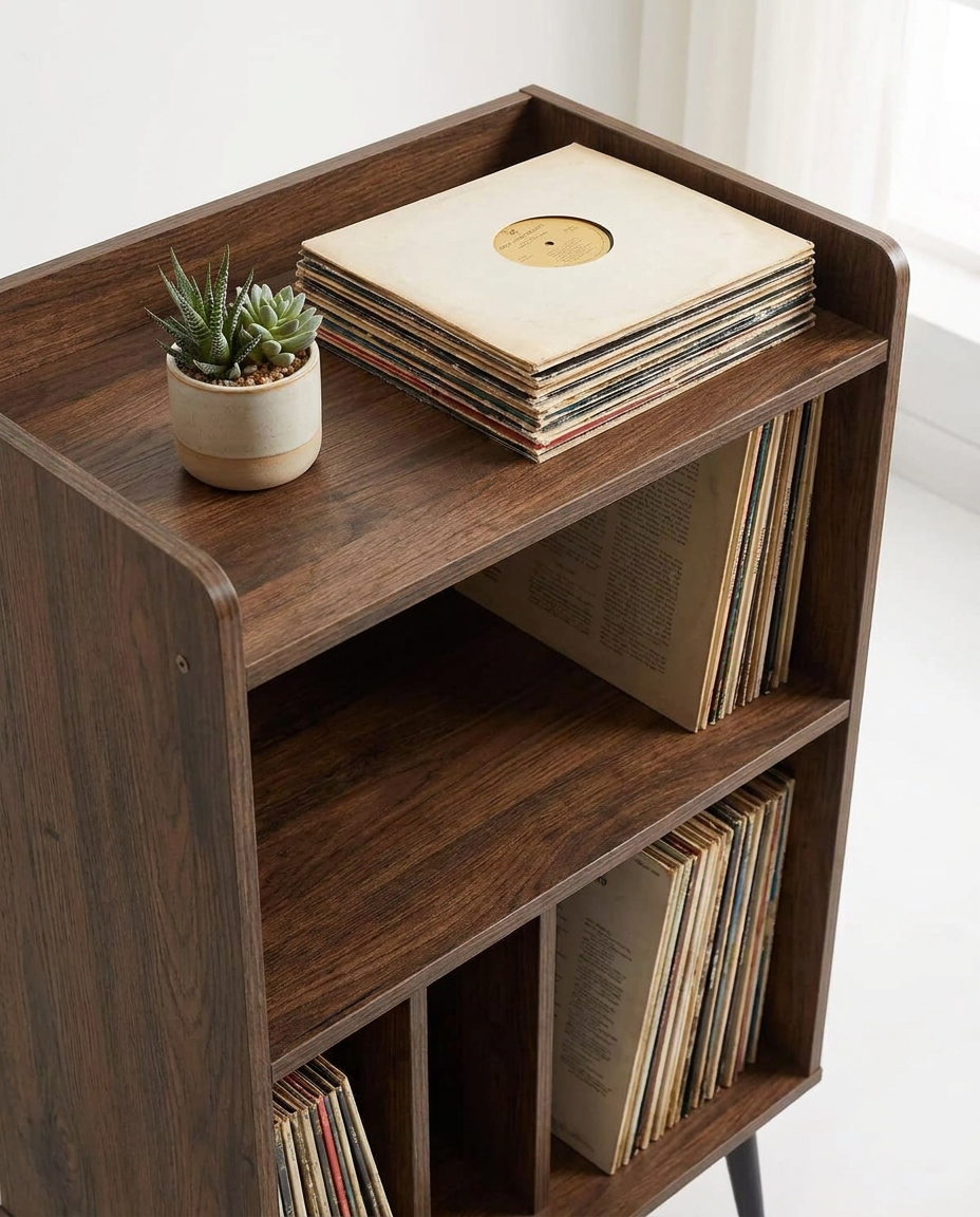 Support à disques vinyles 3 niveaux, jusqu'à 150 albums, bois naturel