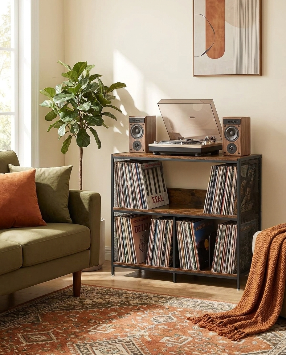 Meuble de rangement pour tourne-disque en fer et bois, noir
