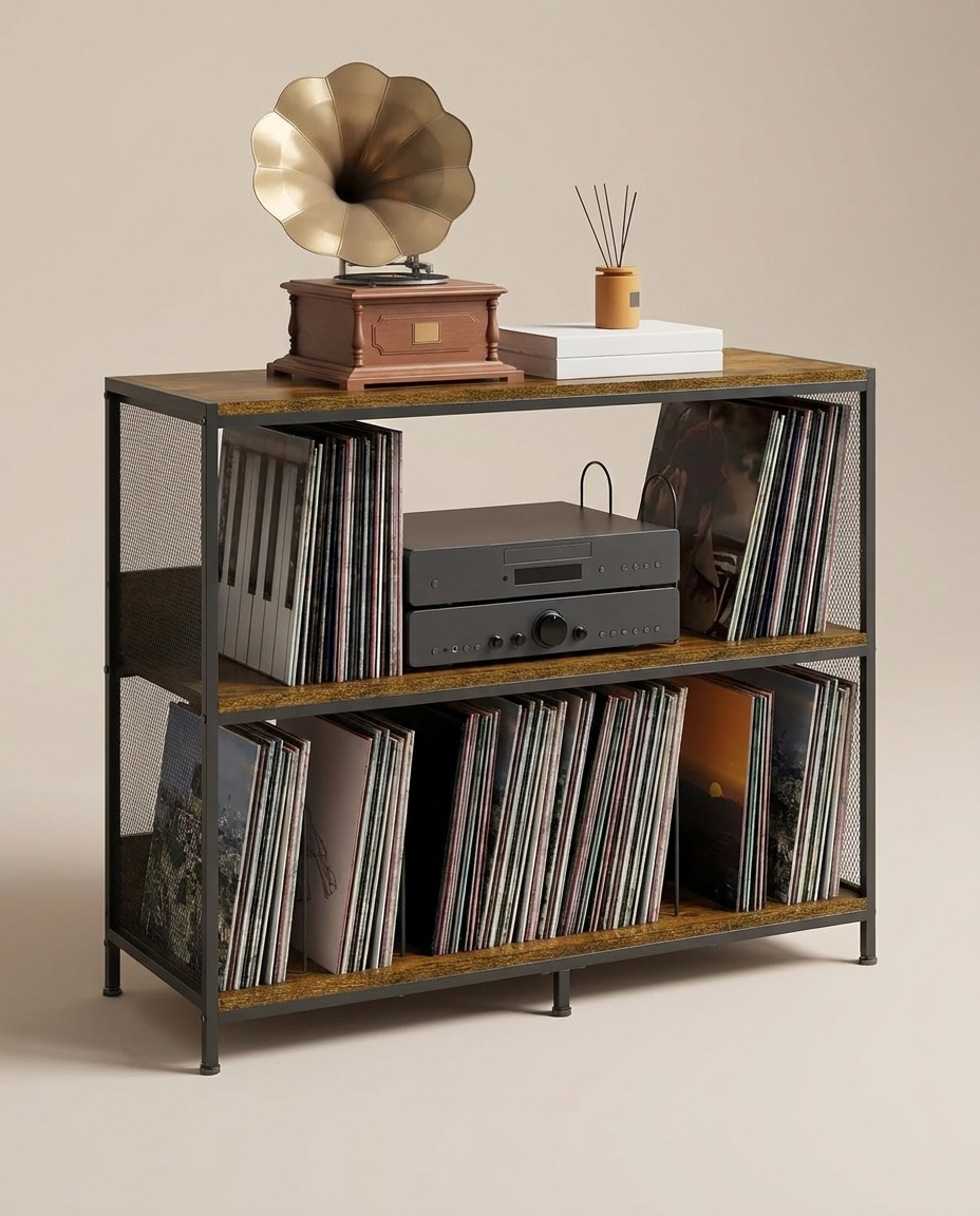 Meuble de rangement pour tourne-disque en fer et bois, noir