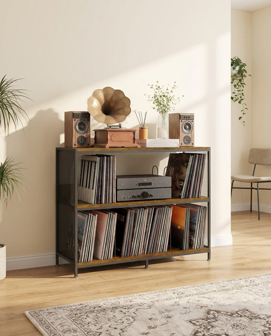 Meuble de rangement pour tourne-disque en fer et bois, noir