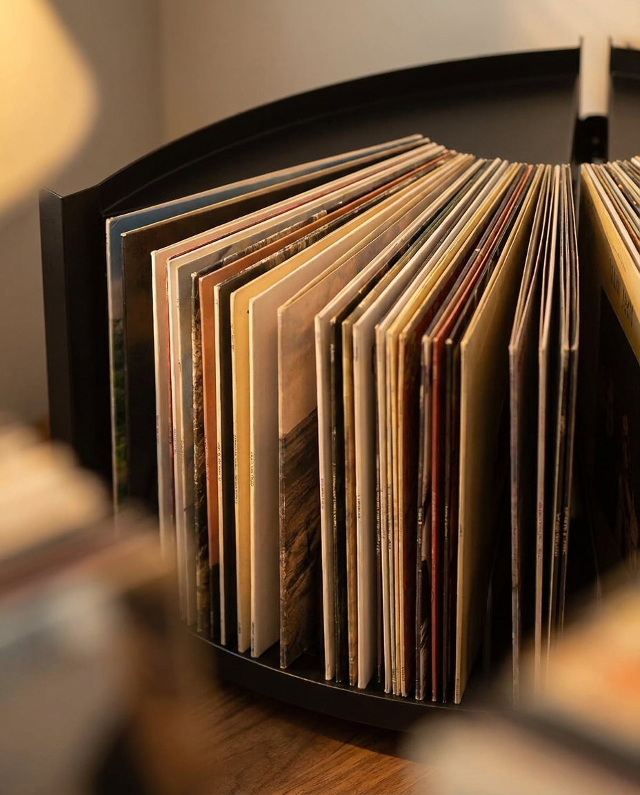 Support pour disques vinyles noir, empilable et compact