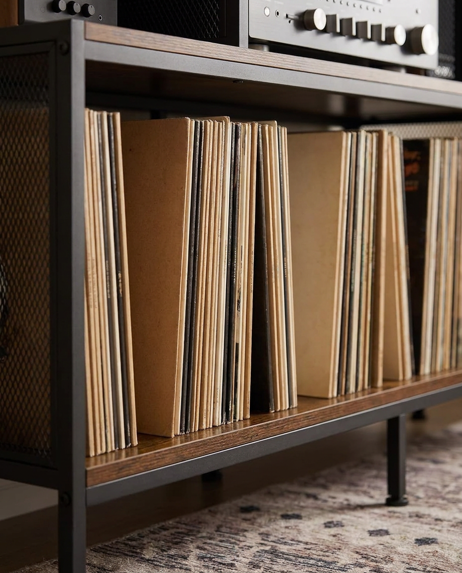 Table pour tourne-disque bilatérale avec grand rangement vinyles