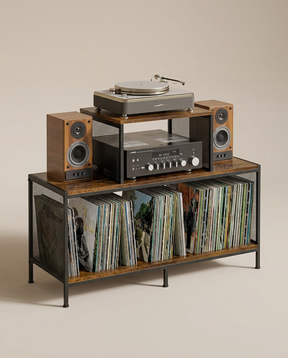Table pour tourne-disque bilatérale avec grand rangement vinyles