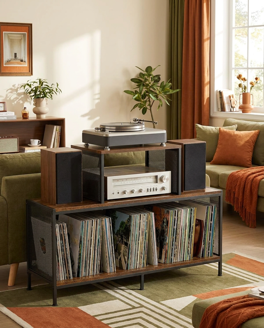 Table pour tourne-disque bilatérale avec grand rangement vinyles