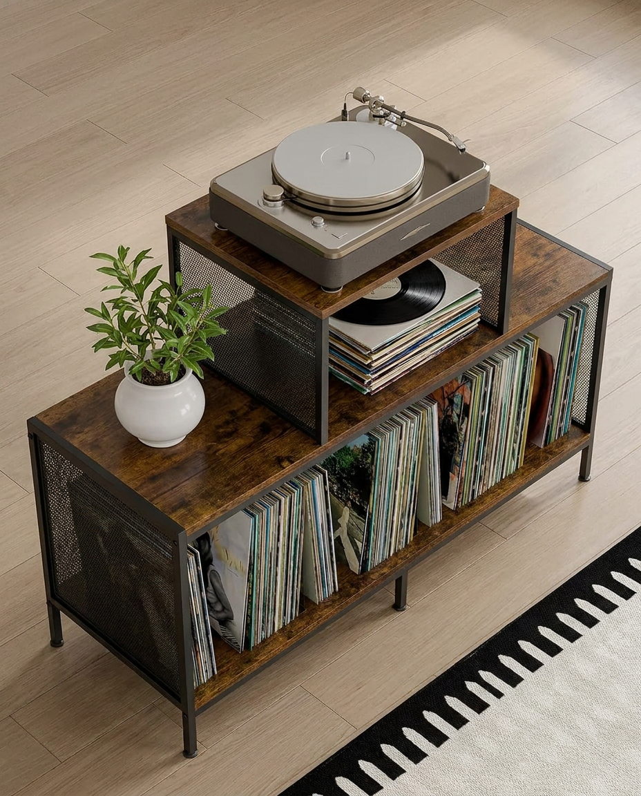 Table pour tourne-disque bilatérale avec grand rangement vinyles