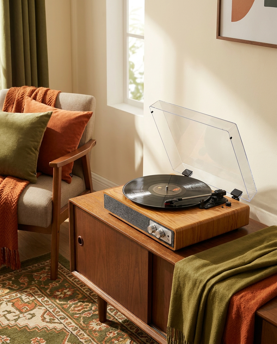 Platine vinyle rétro avec enceinte Bluetooth intégrée, 3 vitesses
