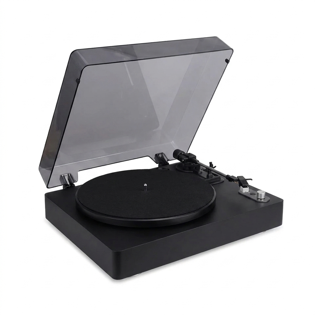 Platine vinyle Solstice sur fond blanc, capot ouvert