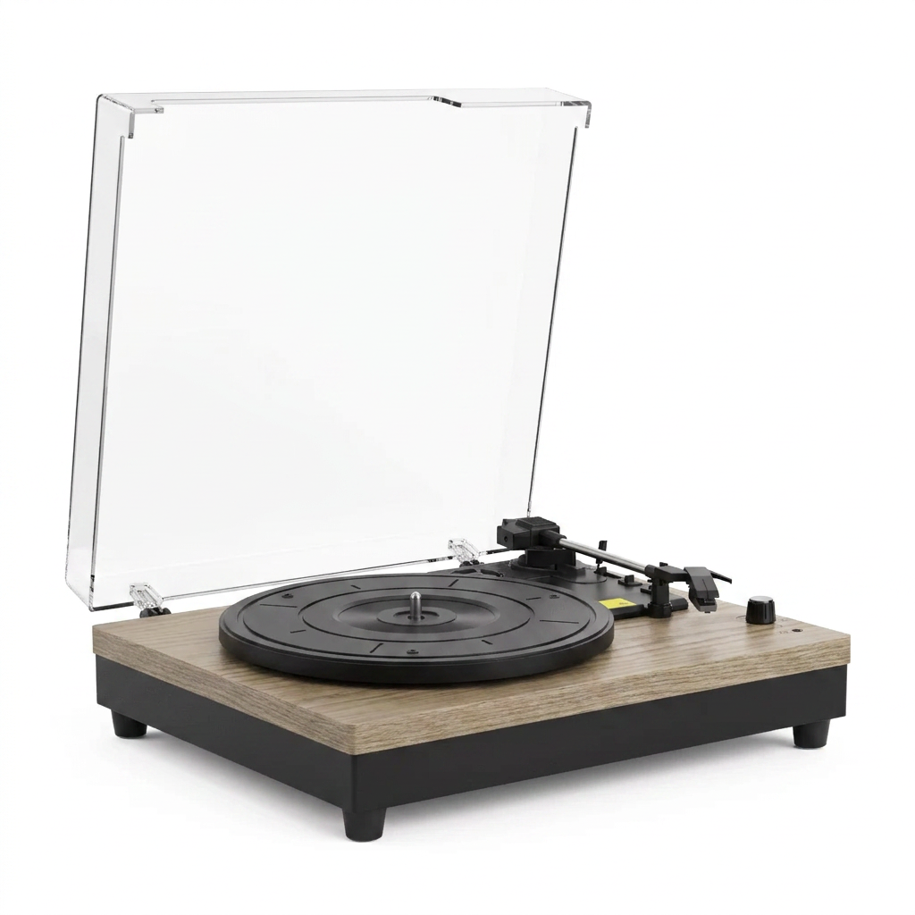 Platine vinyle Nomade sur fond blanc, capot ouvert