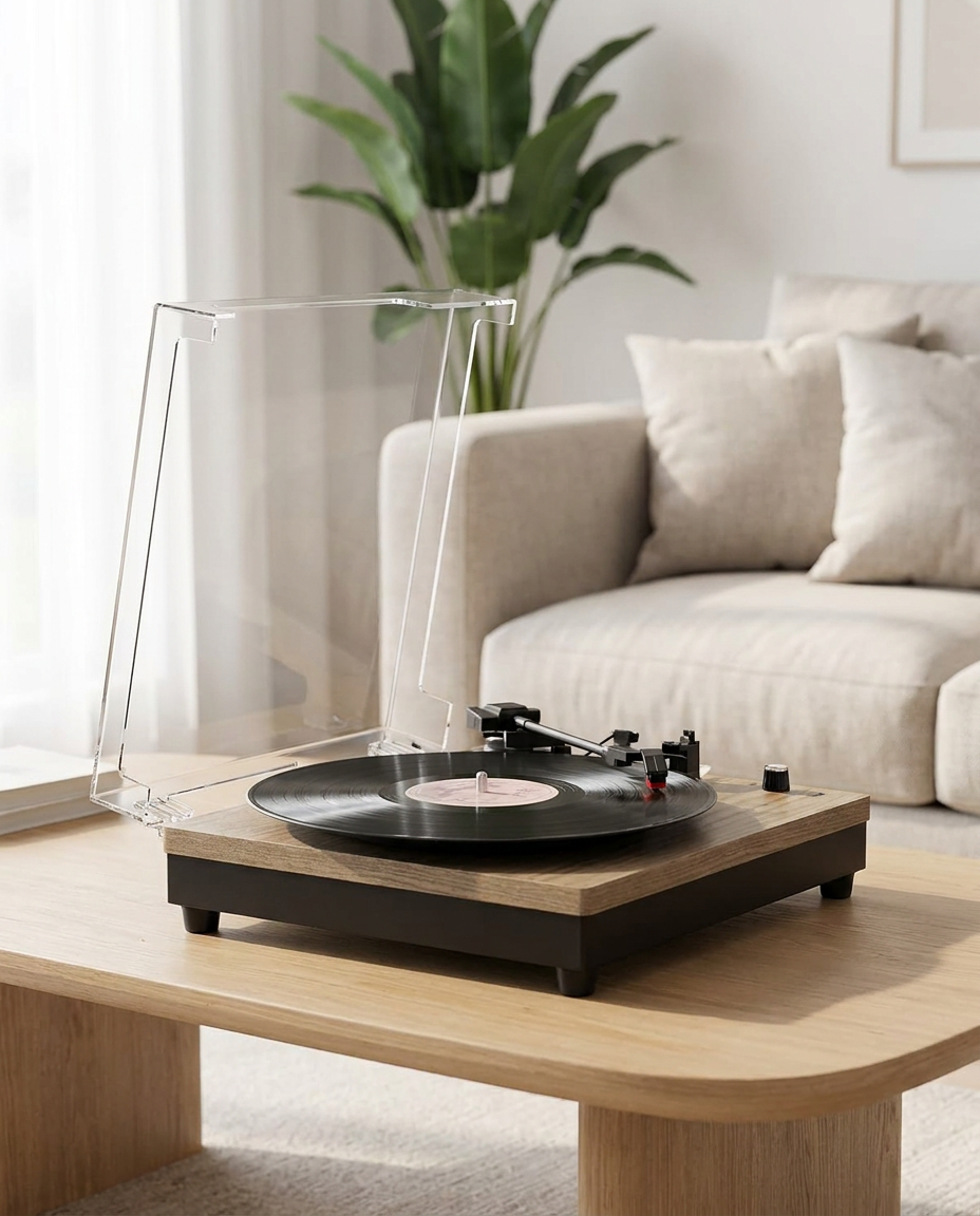 Platine Nomade posée sur une table basse, salon lumineux