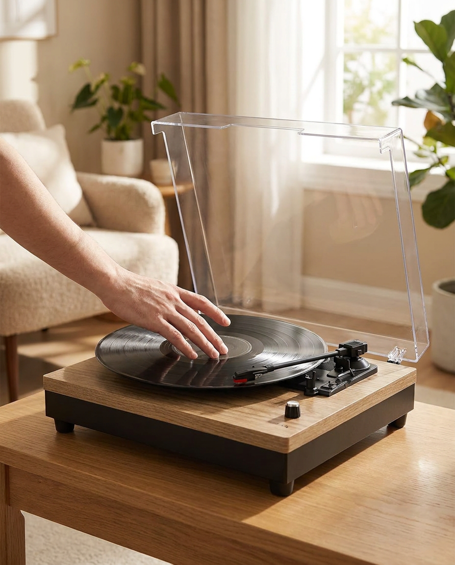 Pose d'un vinyle sur la platine Nomade